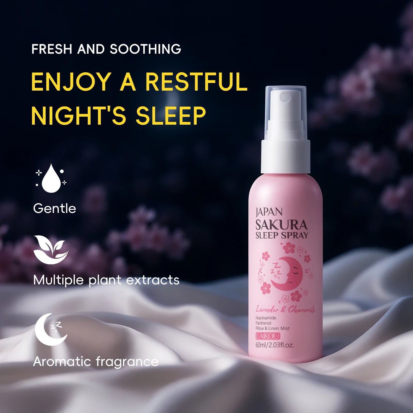 LAIKOU Japan Sakura Sleep Spray 60ml Lavender Chamomile Gentle Scent Soothe Relax Pillow Linen Mist